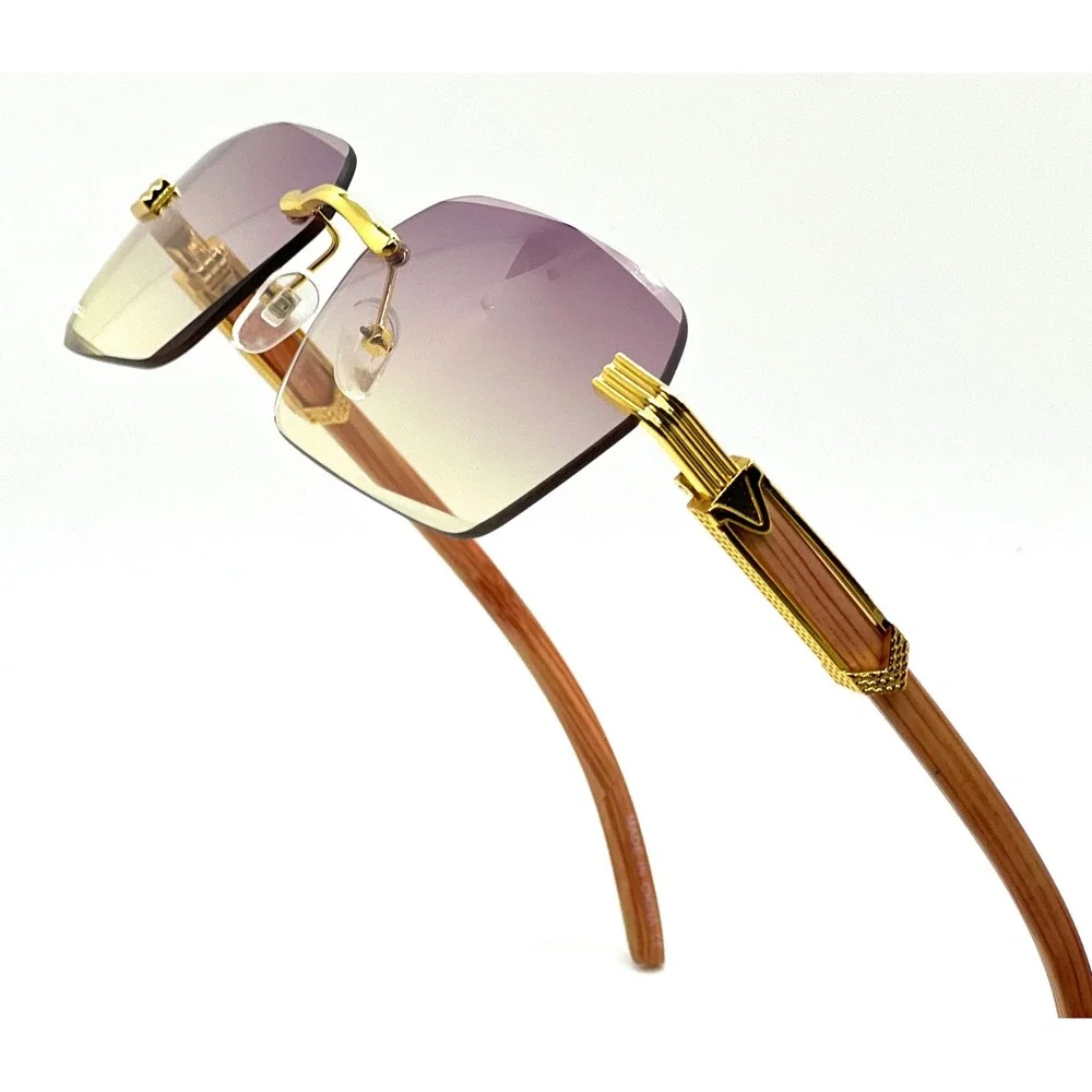 Frameless Men Rectangle Sunglasses Gold Buffs Migos Purple Yellow Gradient Lens
